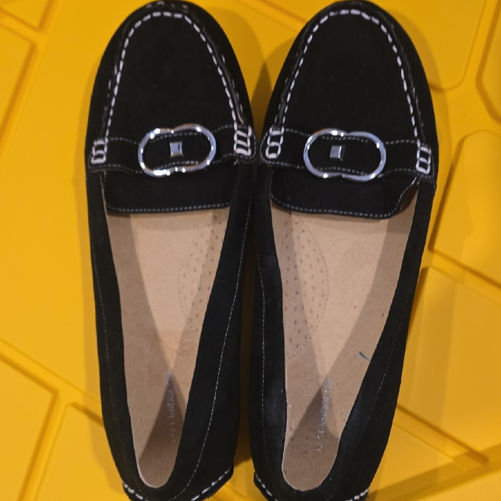 Liz Claiborne Black Loafers with Silver Buckle